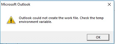 outlook cannot create a work file