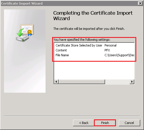 Completing the Certificate Import page
