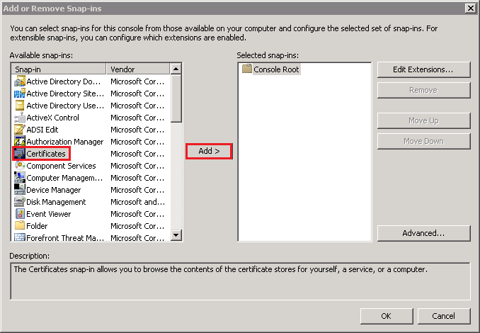 Add or Remove Snap-ins window, add Certificates