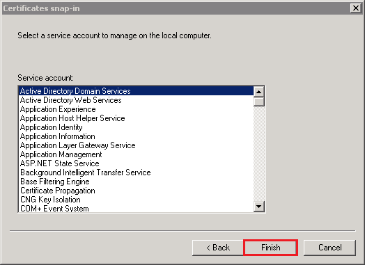 Certificates snap-in window, select Active Directory Domain Services